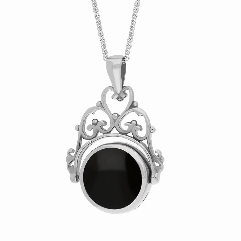 Sterling Silver Whitby Jet Malachite Double Sided Round Swivel Fob Necklace