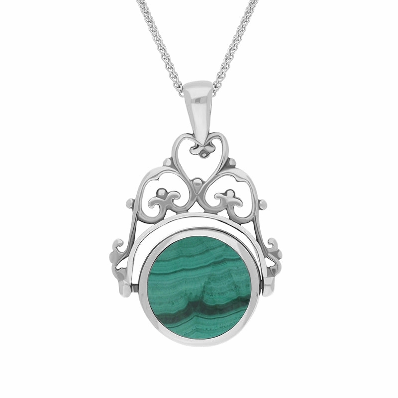 Sterling Silver Whitby Jet Malachite Double Sided Round Swivel Fob Necklace