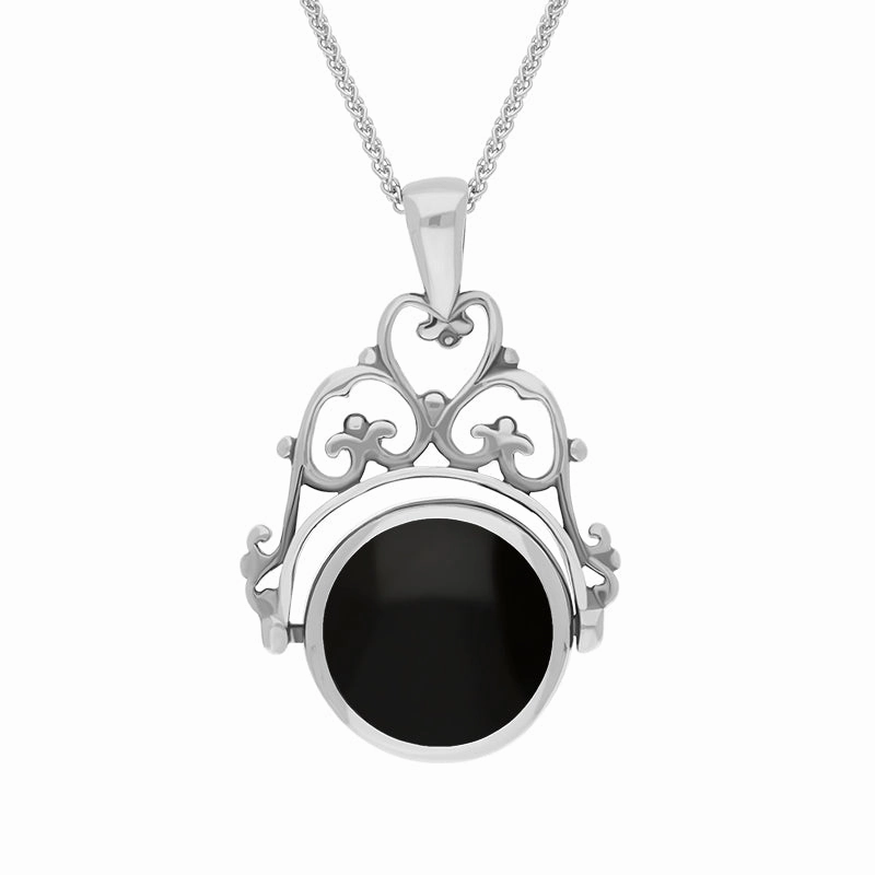 Sterling Silver Whitby Jet Malachite Double Sided Round Swivel Fob Necklace
