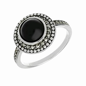 Sterling Silver Whitby Jet Marcasite Frame Large Ring