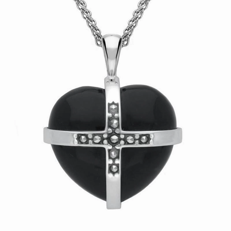 Sterling Silver Whitby Jet Marcasite Large Cross Heart Necklace