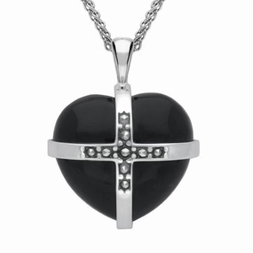 Sterling Silver Whitby Jet Marcasite Large Cross Heart Necklace