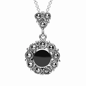 Sterling Silver Whitby Jet Marcasite Round Beaded Drop Necklace