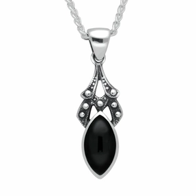 Sterling Silver Whitby Jet Marquise Drop Necklace