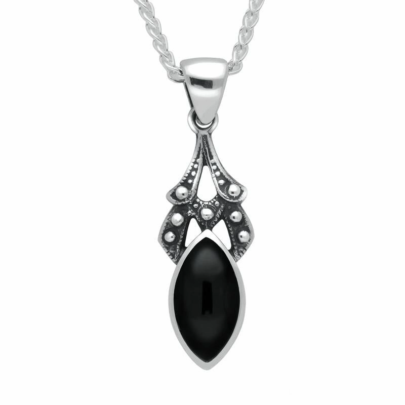 Sterling Silver Whitby Jet Marquise Drop Necklace