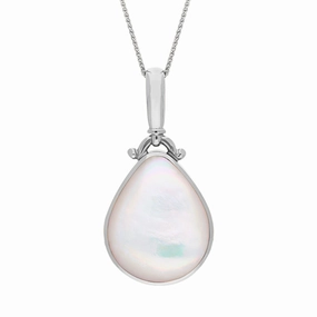 Sterling Silver Whitby Jet Mother of Pearl Double Sided Pear Fob Necklace
