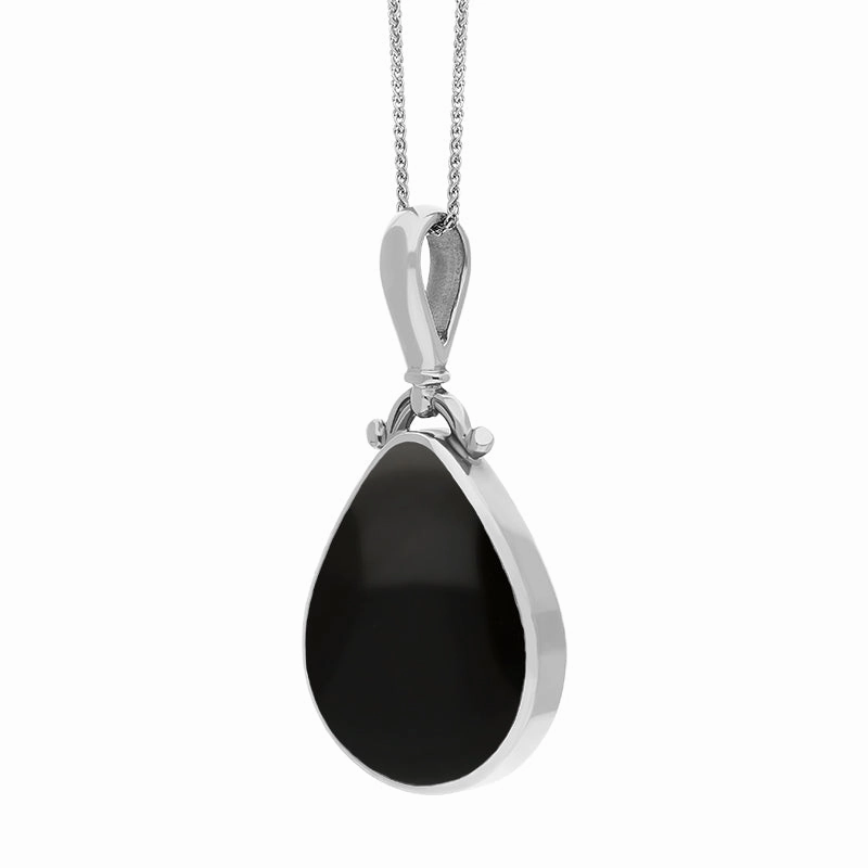 Sterling Silver Whitby Jet Mother of Pearl Double Sided Pear Fob Necklace