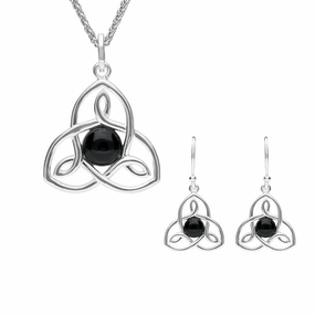 Sterling Silver Whitby Jet Open Celtic Cross Two Piece Set