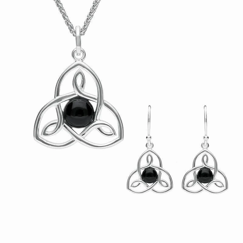 Sterling Silver Whitby Jet Open Celtic Cross Two Piece Set