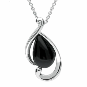 Sterling Silver Whitby Jet Open Fancy Pear Necklace
