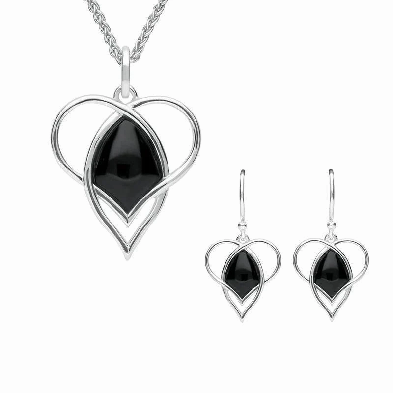 Sterling Silver Whitby Jet Open Twist Heart Two Piece Set