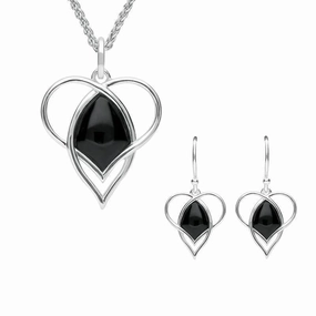 Sterling Silver Whitby Jet Open Twist Heart Two Piece Set