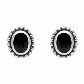 Sterling Silver Whitby Jet Oval Bobble Edge Stud Earrings