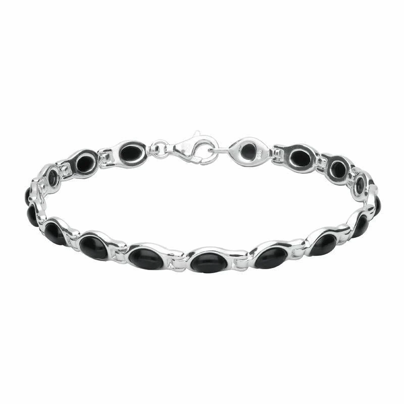 Sterling Silver Whitby Jet Oval Link Bracelet