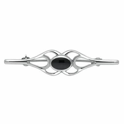 Sterling Silver Whitby Jet Oval Pierced Spoon Brooch