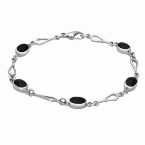 Sterling Silver Whitby Jet Oval Spoon Link Bracelet