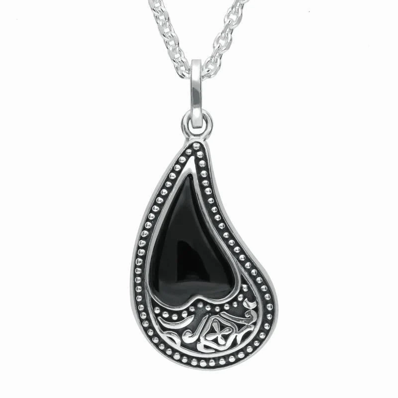 Sterling Silver Whitby Jet Pattern Curved Heart Necklace