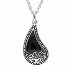 Sterling Silver Whitby Jet Pattern Curved Heart Necklace