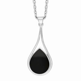 Sterling Silver Whitby Jet Pear Shape Open Frame Necklace D