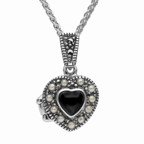 Sterling Silver Whitby Jet Pearl Small Bead Edge Heart Locket