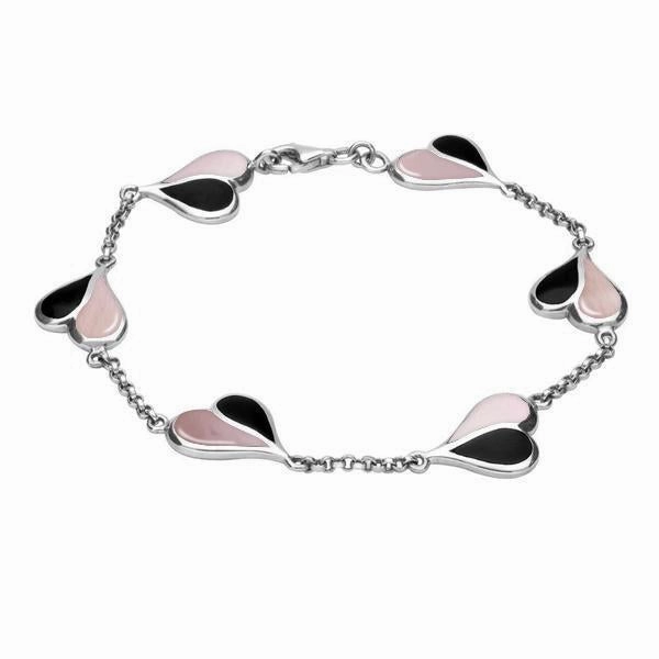 Sterling Silver Whitby Jet Pink Mother of Pearl Split Heart Bracelet