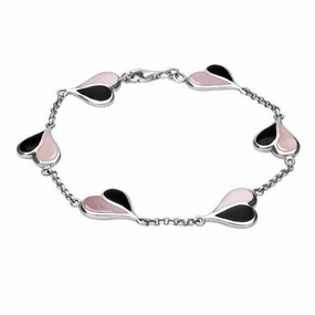 Sterling Silver Whitby Jet Pink Mother of Pearl Split Heart Bracelet