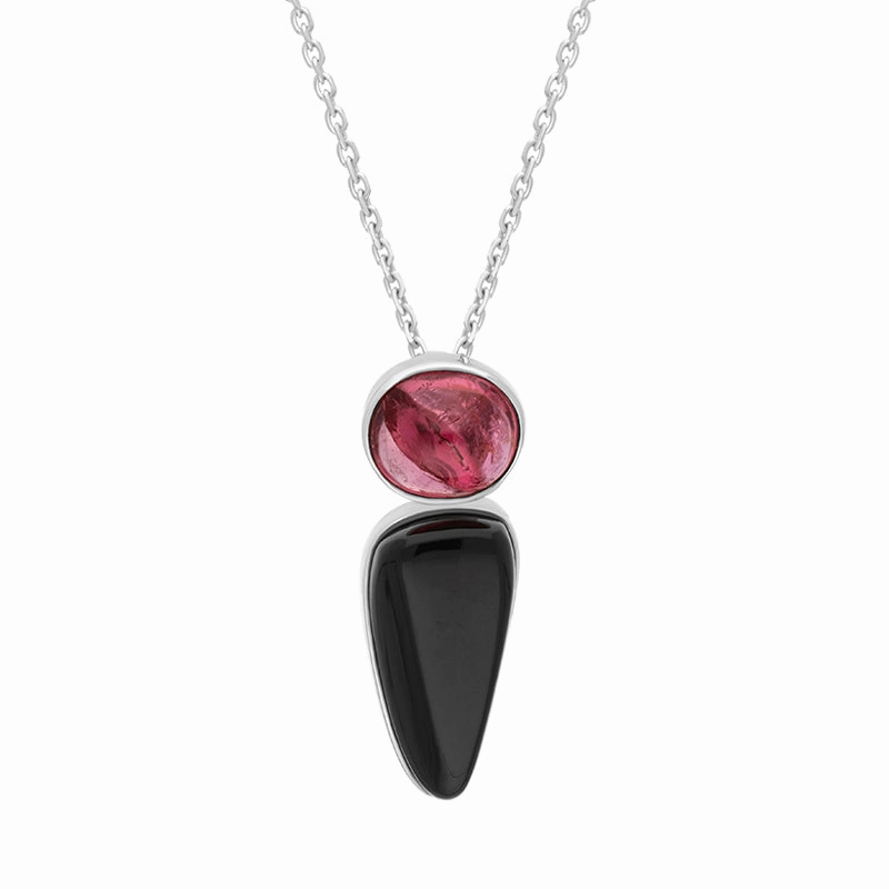 Sterling Silver Whitby Jet Pink Tourmaline Triangle Oval Two Stone Necklace