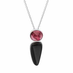 Sterling Silver Whitby Jet Pink Tourmaline Triangle Oval Two Stone Necklace