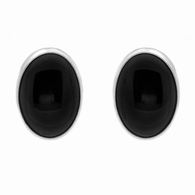 Sterling Silver Whitby Jet Plain Oval Stud Earrings