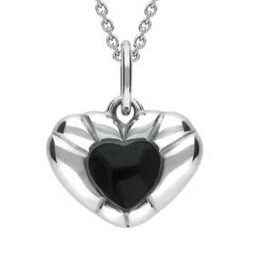 Sterling Silver Whitby Jet Ridged Heart Necklace