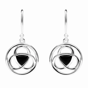 Sterling Silver Whitby Jet Round Celtic Knot Hook Earrings