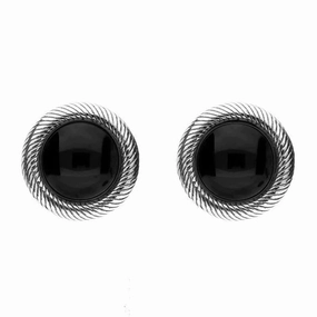 Sterling Silver Whitby Jet Round Ribbed Edge Stud Earrings