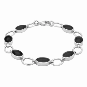 Sterling Silver Whitby Jet Seven Oval Stone Bracelet