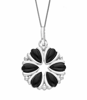 Sterling Silver Whitby Jet Six Stone Flower Necklace