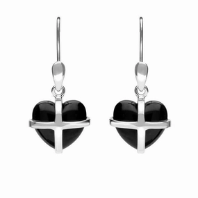 Sterling Silver Whitby Jet Small Cross Heart Drop Earrings