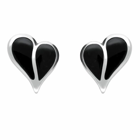 Sterling Silver Whitby Jet Split Heart Stud Earrings