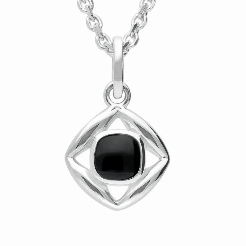 Sterling Silver Whitby Jet Stone Open Square Necklace