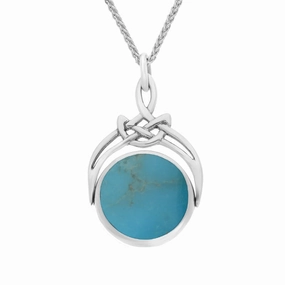 Sterling Silver Whitby Jet Turquoise Round Swivel Fob Necklace