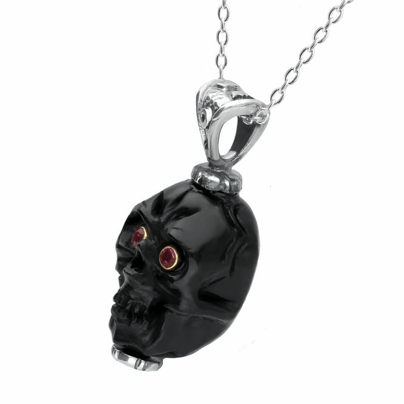 Sterling Silver Whitby Jet Unique Skull With Ruby Eyes Necklace