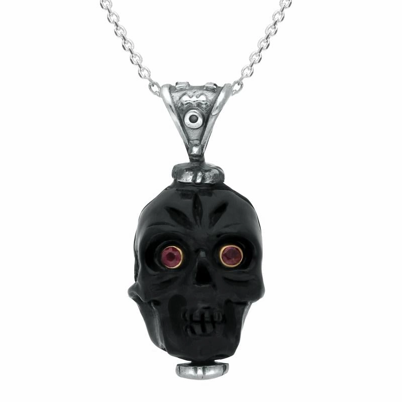 Sterling Silver Whitby Jet Unique Skull With Ruby Eyes Necklace