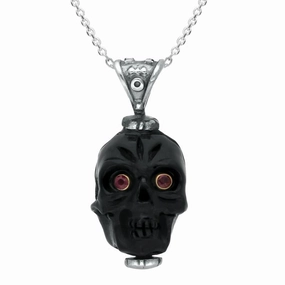 Sterling Silver Whitby Jet Unique Skull With Ruby Eyes Necklace