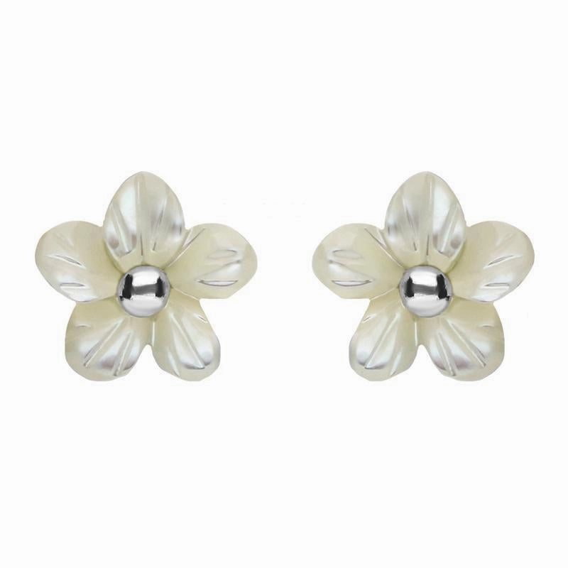 Sterling Silver White Mother of Pearl Tuberose 8mm Pansy Stud Earrings
