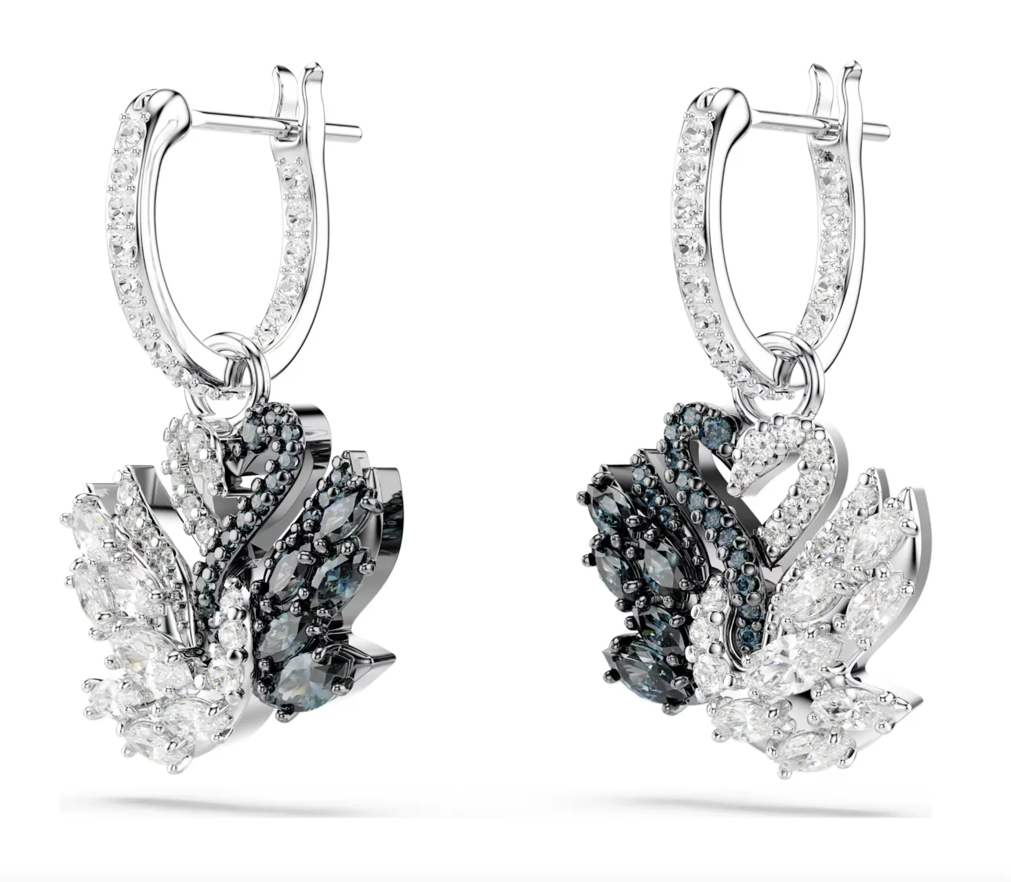 Swan Pearl, Swan, Black Silver Drop Earrings