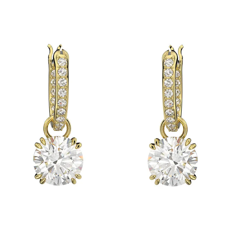 Swarovski Constella Gold Tone Plated White Crystal Pave Drop Earrings