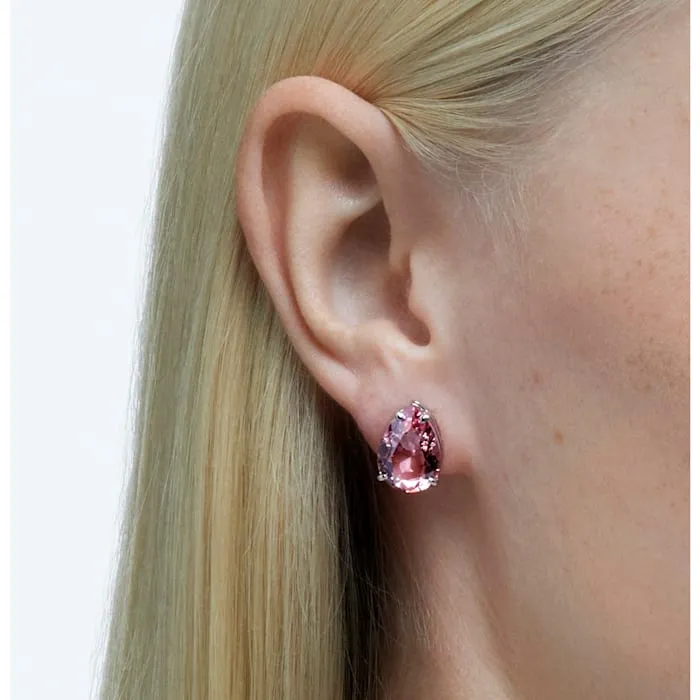 Swarovski Gema Rhodium Plated Pink Crystal Teardrop Stud Earrings