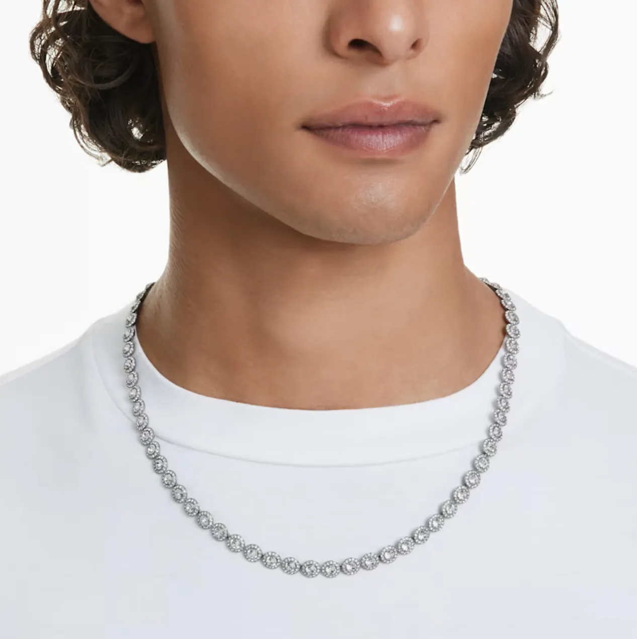 Una Round Cut Long, White, Ruthenium Plated Necklace