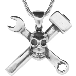 Unique Gothic Necklace Skull With Crossed Spanner & Hammer Sterling Silver Small