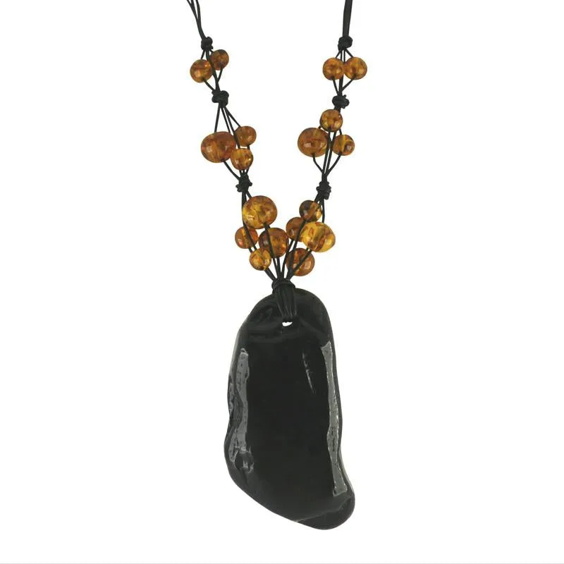 Whitby Jet and Amber Unique Entwined Beaded Cord Necklace