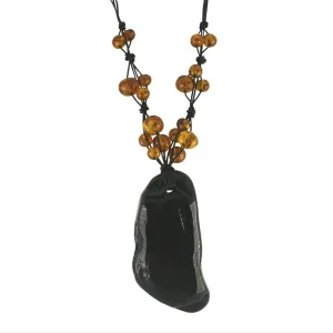 Whitby Jet and Amber Unique Entwined Beaded Cord Necklace