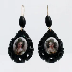Whitby Jet Antique Carved Teardrop Coloured Cameo Drop Earrings